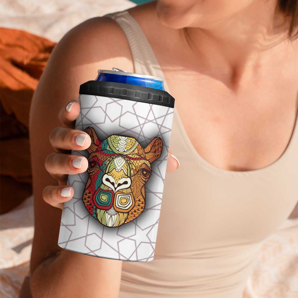 Bahrain Tribal Camel 4 in 1 Can Cooler Tumbler with Red Mosaic Swirl and Heritage Slogan