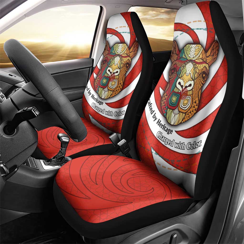 Bahrain Tribal Camel Car Seat Cover with Red Mosaic Swirl and Heritage Slogan