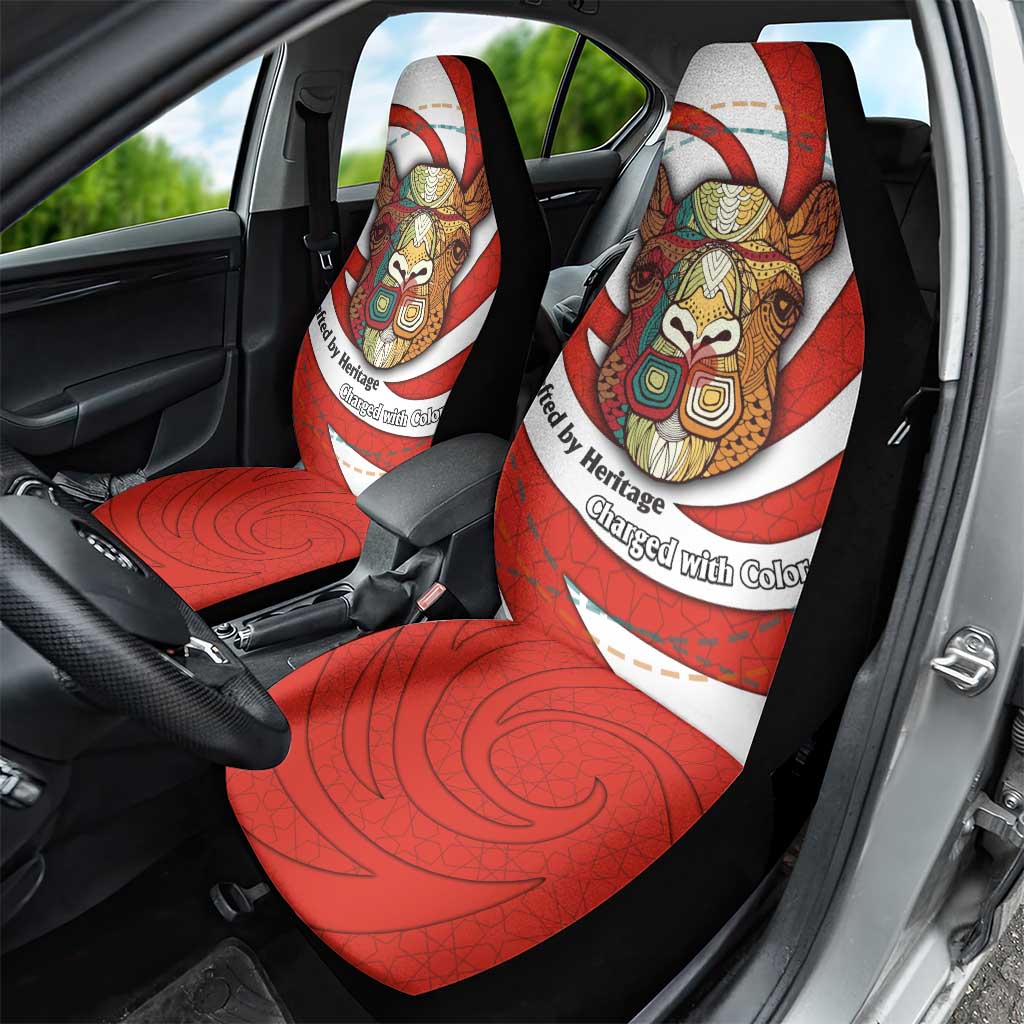 Bahrain Tribal Camel Car Seat Cover with Red Mosaic Swirl and Heritage Slogan