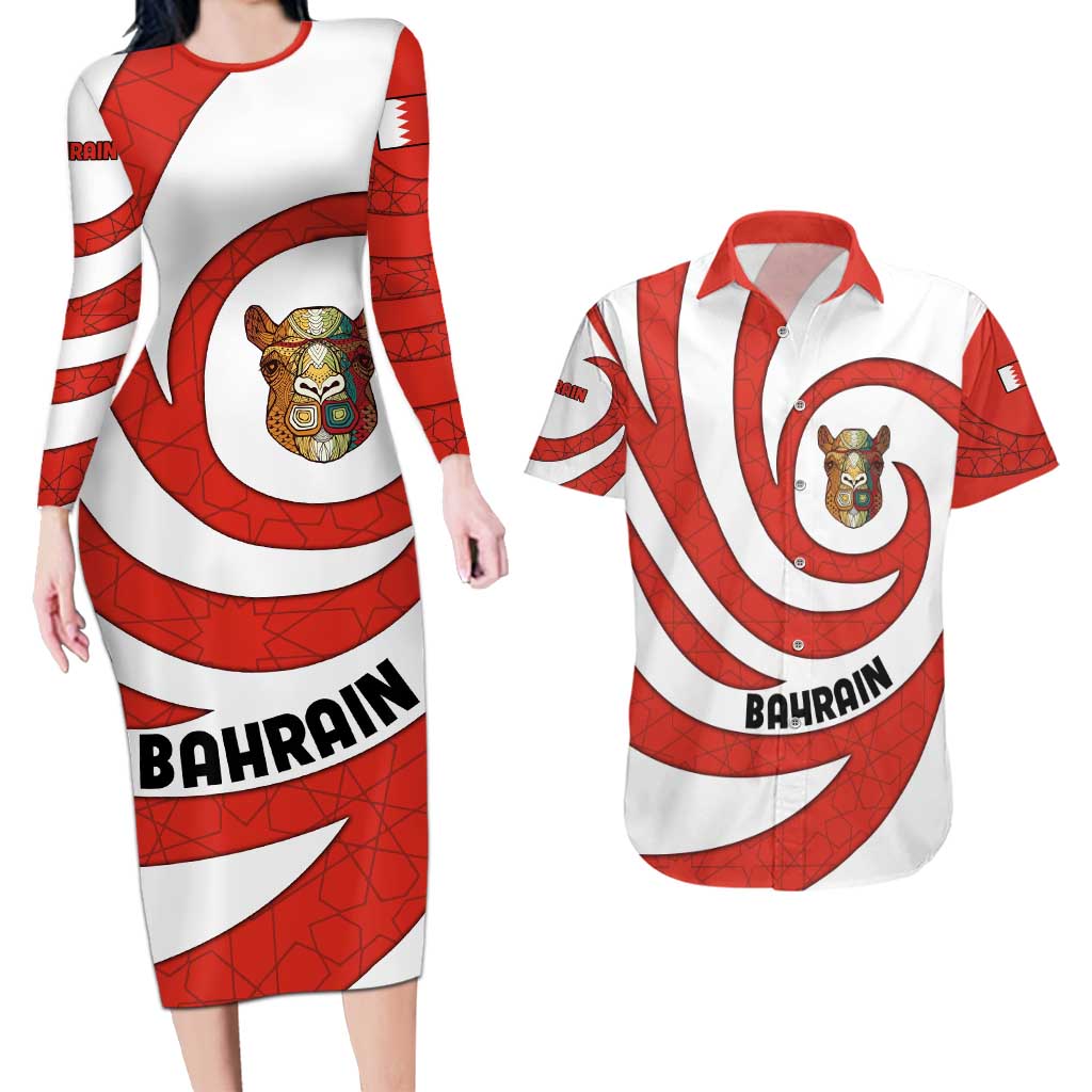 Bahrain Tribal Camel Couples Matching Long Sleeve Bodycon Dress and Hawaiian Shirt with Red Mosaic Swirl and Heritage Slogan