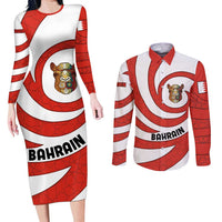 Bahrain Tribal Camel Couples Matching Long Sleeve Bodycon Dress and Long Sleeve Button Shirt with Red Mosaic Swirl and Heritage Slogan