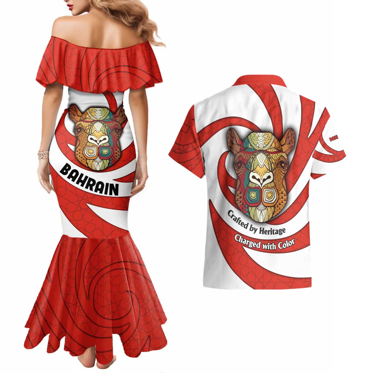 Bahrain Tribal Camel Couples Matching Mermaid Dress and Hawaiian Shirt with Red Mosaic Swirl and Heritage Slogan