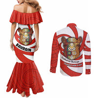 Bahrain Tribal Camel Couples Matching Mermaid Dress and Long Sleeve Button Shirt with Red Mosaic Swirl and Heritage Slogan