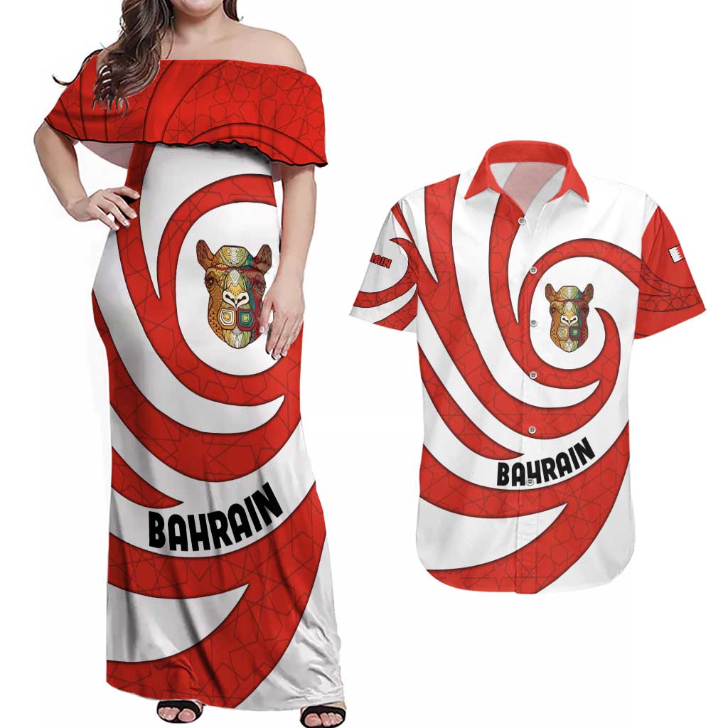 Bahrain Tribal Camel Couples Matching Off Shoulder Maxi Dress and Hawaiian Shirt with Red Mosaic Swirl and Heritage Slogan