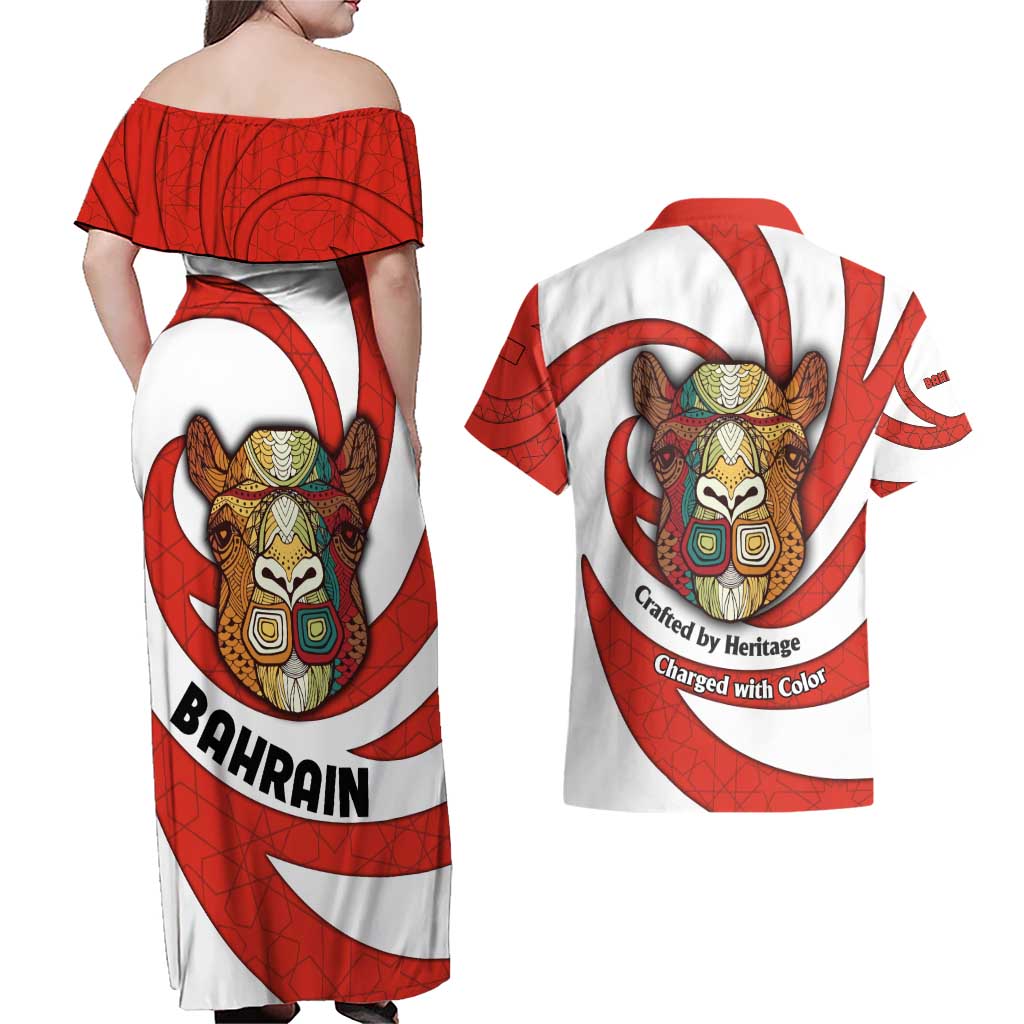 Bahrain Tribal Camel Couples Matching Off Shoulder Maxi Dress and Hawaiian Shirt with Red Mosaic Swirl and Heritage Slogan