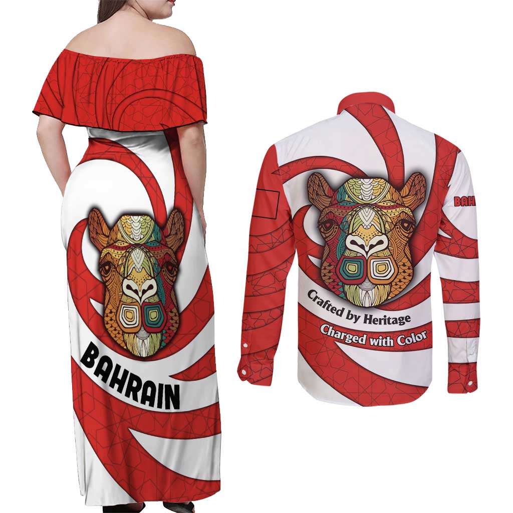 Bahrain Tribal Camel Couples Matching Off Shoulder Maxi Dress and Long Sleeve Button Shirt with Red Mosaic Swirl and Heritage Slogan