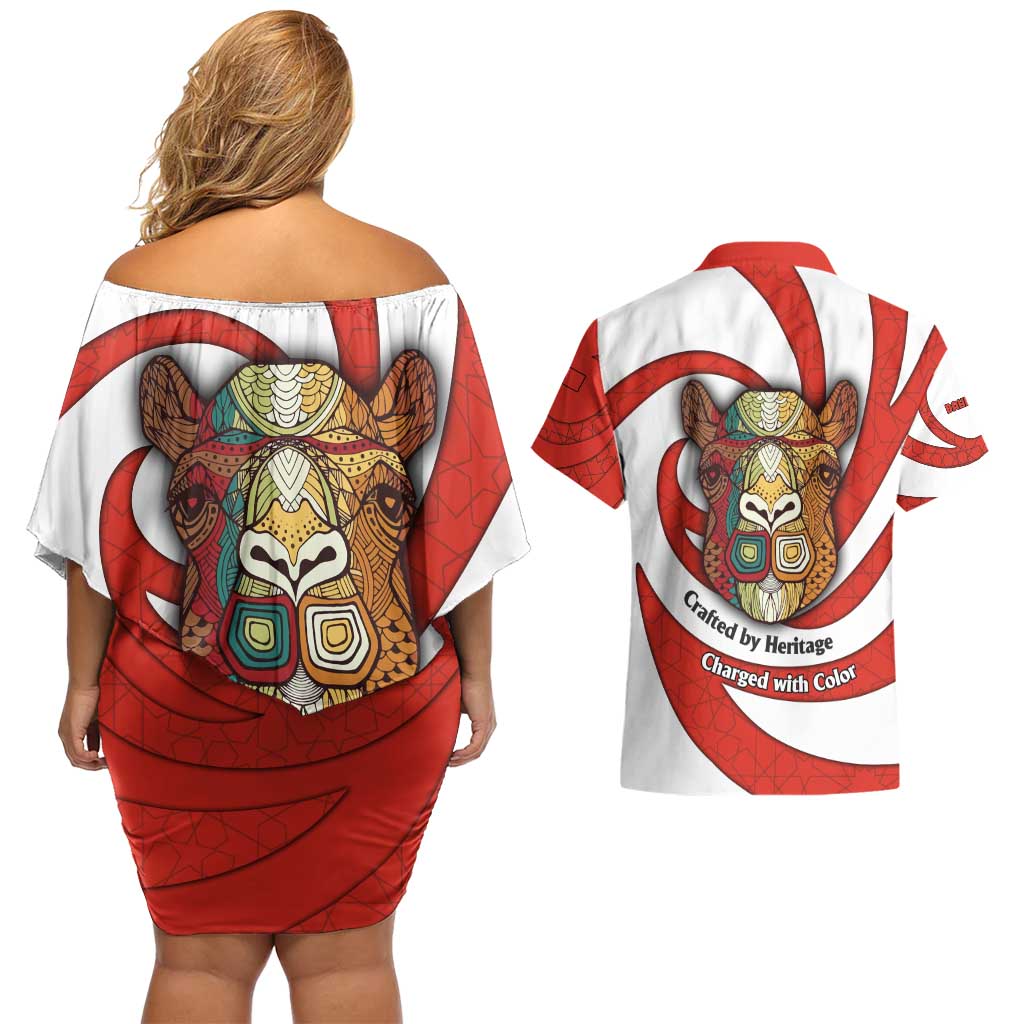 Bahrain Tribal Camel Couples Matching Off Shoulder Short Dress and Hawaiian Shirt with Red Mosaic Swirl and Heritage Slogan