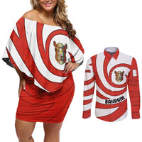 Bahrain Tribal Camel Couples Matching Off Shoulder Short Dress and Long Sleeve Button Shirt with Red Mosaic Swirl and Heritage Slogan