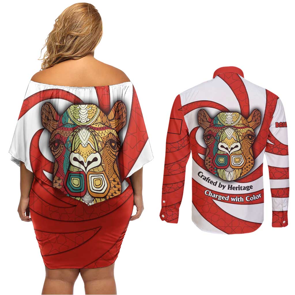 Bahrain Tribal Camel Couples Matching Off Shoulder Short Dress and Long Sleeve Button Shirt with Red Mosaic Swirl and Heritage Slogan