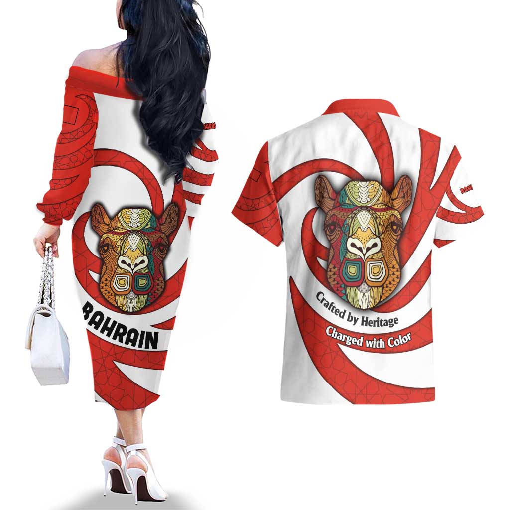 Bahrain Tribal Camel Couples Matching Off The Shoulder Long Sleeve Dress and Hawaiian Shirt with Red Mosaic Swirl and Heritage Slogan