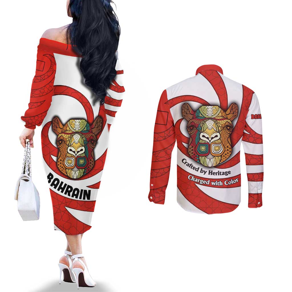 Bahrain Tribal Camel Couples Matching Off The Shoulder Long Sleeve Dress and Long Sleeve Button Shirt with Red Mosaic Swirl and Heritage Slogan