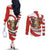 Bahrain Tribal Camel Couples Matching Off The Shoulder Long Sleeve Dress and Long Sleeve Button Shirt with Red Mosaic Swirl and Heritage Slogan