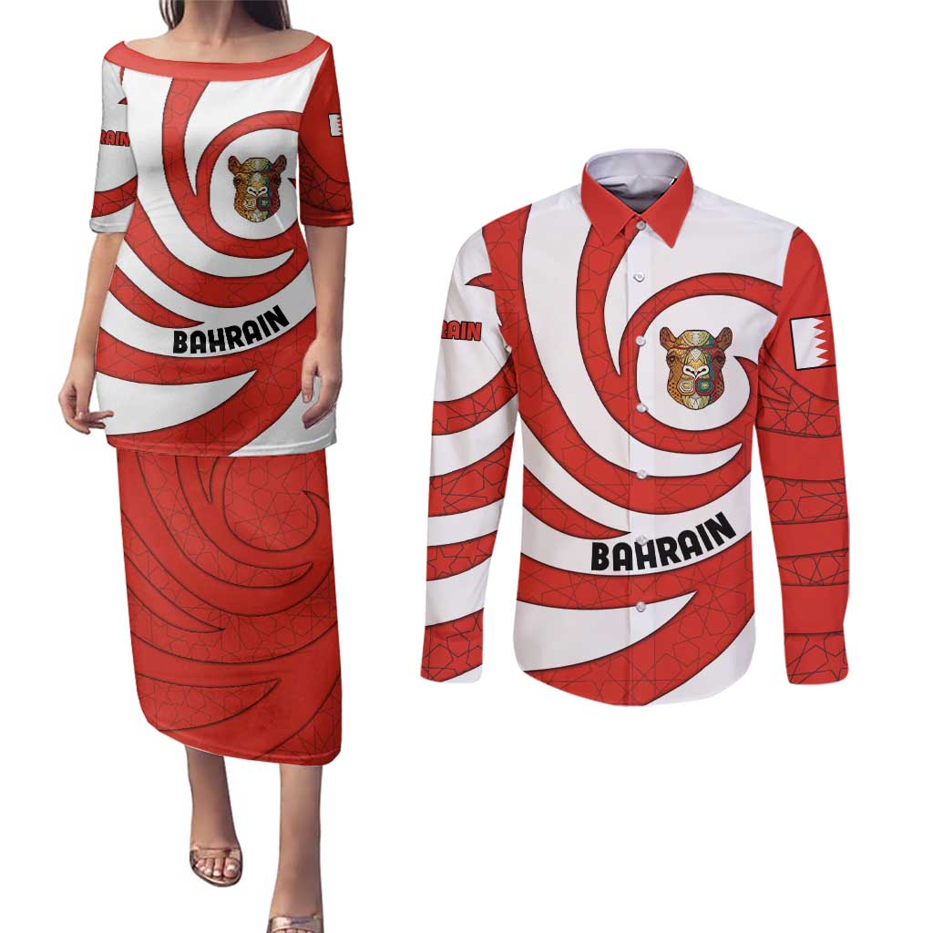 Bahrain Tribal Camel Couples Matching Puletasi and Long Sleeve Button Shirt with Red Mosaic Swirl and Heritage Slogan