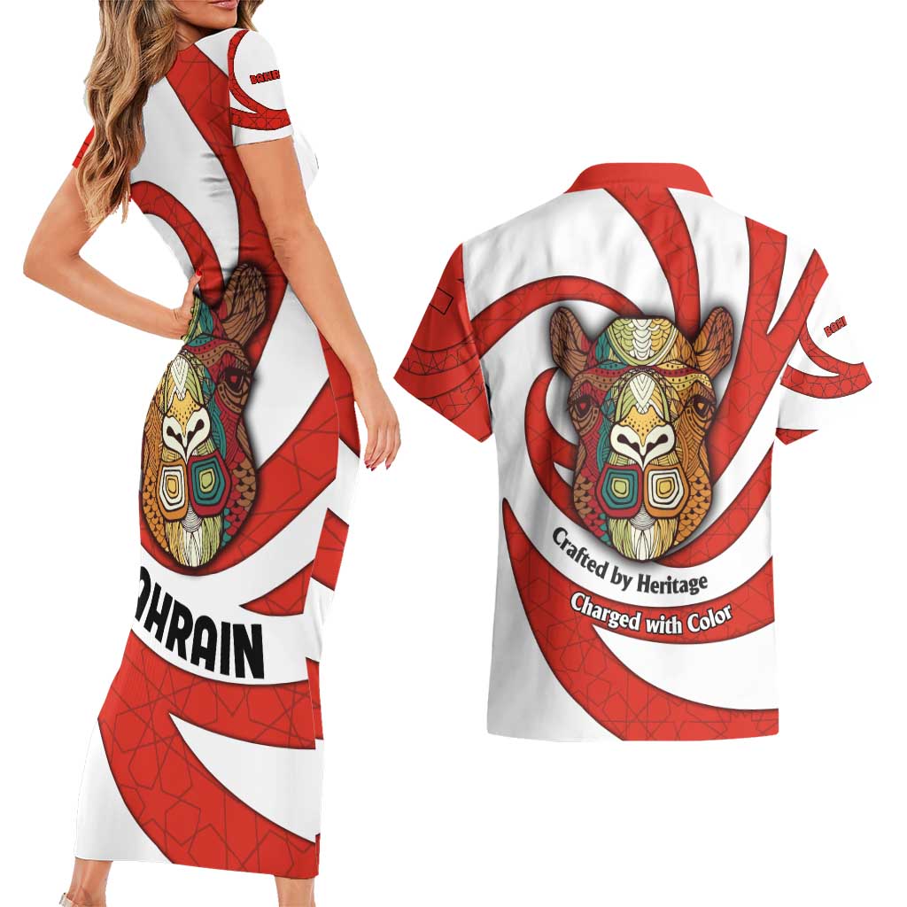 Bahrain Tribal Camel Couples Matching Short Sleeve Bodycon Dress and Hawaiian Shirt with Red Mosaic Swirl and Heritage Slogan