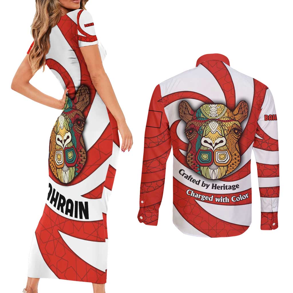 Bahrain Tribal Camel Couples Matching Short Sleeve Bodycon Dress and Long Sleeve Button Shirt with Red Mosaic Swirl and Heritage Slogan