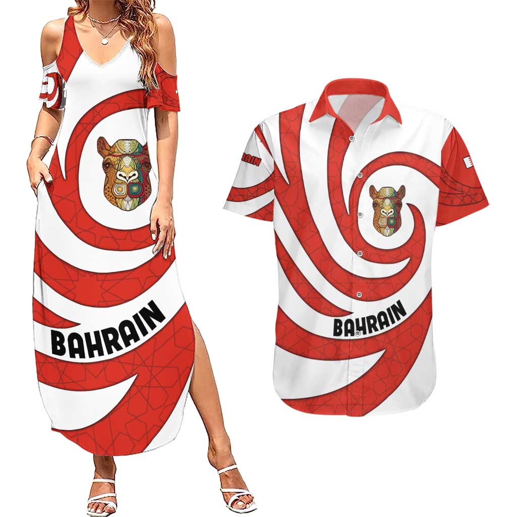 Bahrain Tribal Camel Couples Matching Summer Maxi Dress and Hawaiian Shirt with Red Mosaic Swirl and Heritage Slogan