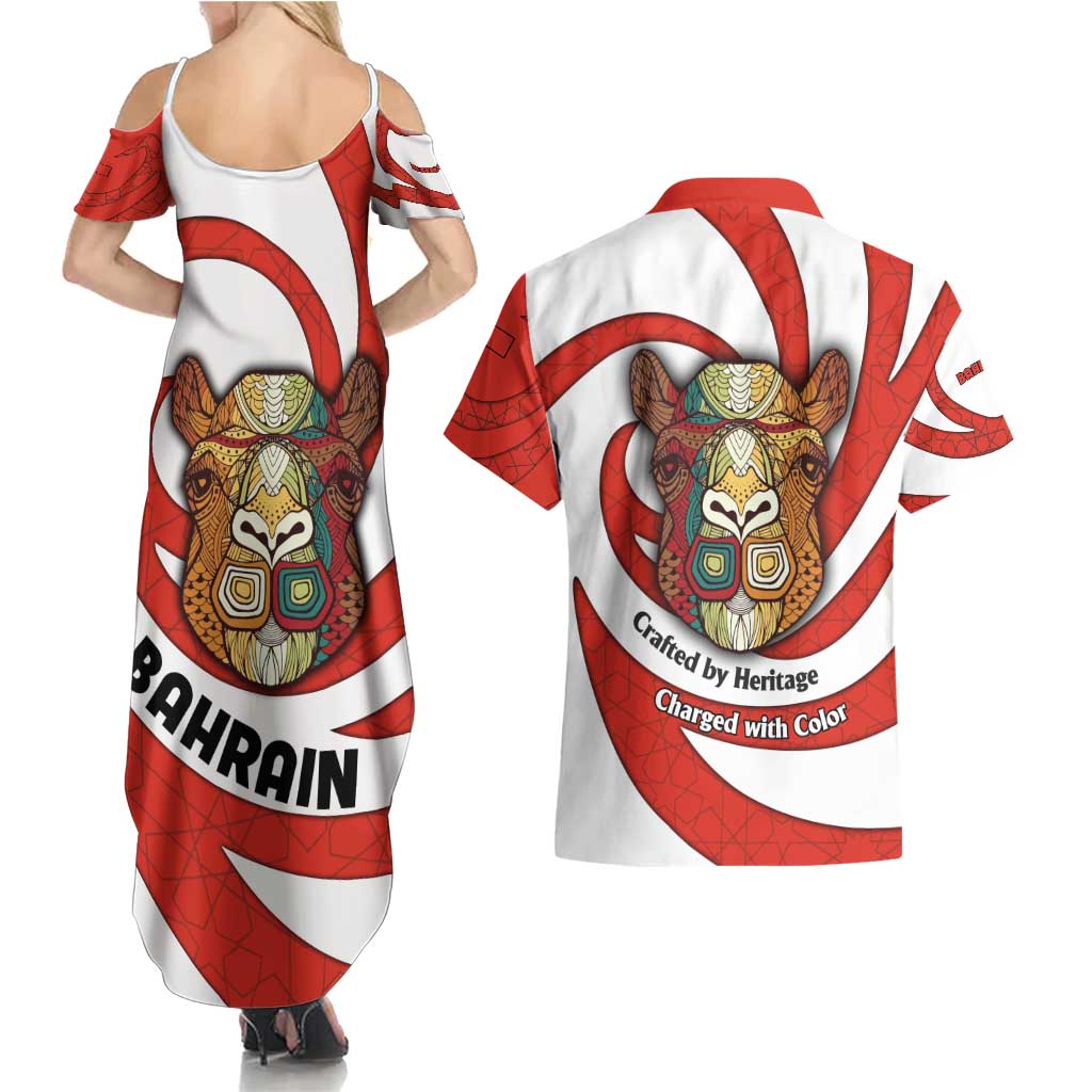 Bahrain Tribal Camel Couples Matching Summer Maxi Dress and Hawaiian Shirt with Red Mosaic Swirl and Heritage Slogan