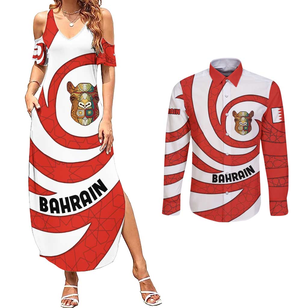 Bahrain Tribal Camel Couples Matching Summer Maxi Dress and Long Sleeve Button Shirt with Red Mosaic Swirl and Heritage Slogan
