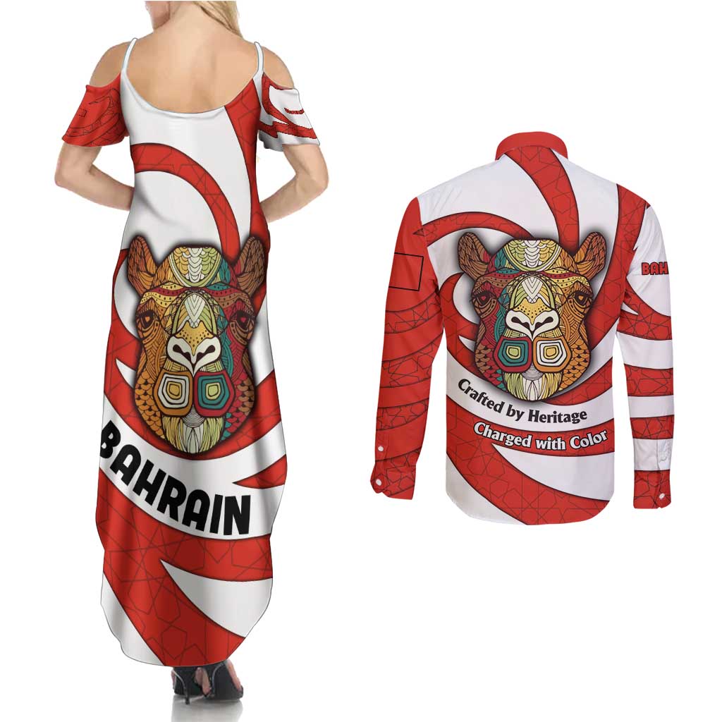 Bahrain Tribal Camel Couples Matching Summer Maxi Dress and Long Sleeve Button Shirt with Red Mosaic Swirl and Heritage Slogan