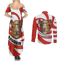 Bahrain Tribal Camel Couples Matching Summer Maxi Dress and Long Sleeve Button Shirt with Red Mosaic Swirl and Heritage Slogan