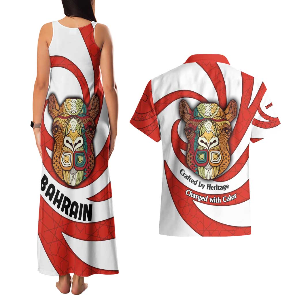 Bahrain Tribal Camel Couples Matching Tank Maxi Dress and Hawaiian Shirt with Red Mosaic Swirl and Heritage Slogan