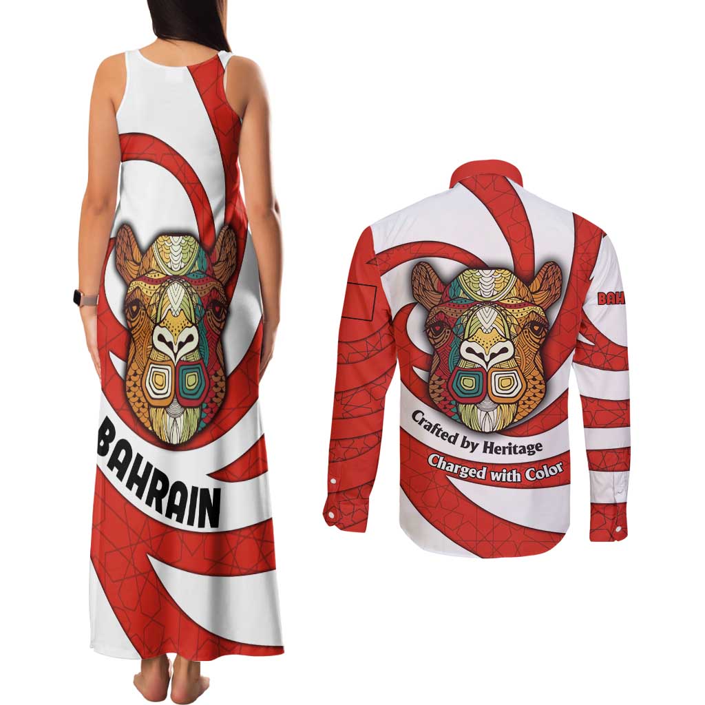 Bahrain Tribal Camel Couples Matching Tank Maxi Dress and Long Sleeve Button Shirt with Red Mosaic Swirl and Heritage Slogan