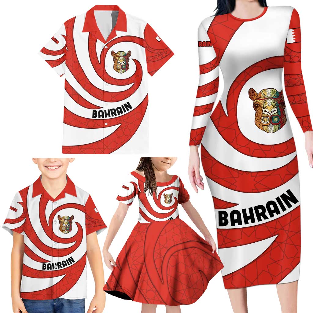 Bahrain Tribal Camel Family Matching Long Sleeve Bodycon Dress and Hawaiian Shirt with Red Mosaic Swirl and Heritage Slogan