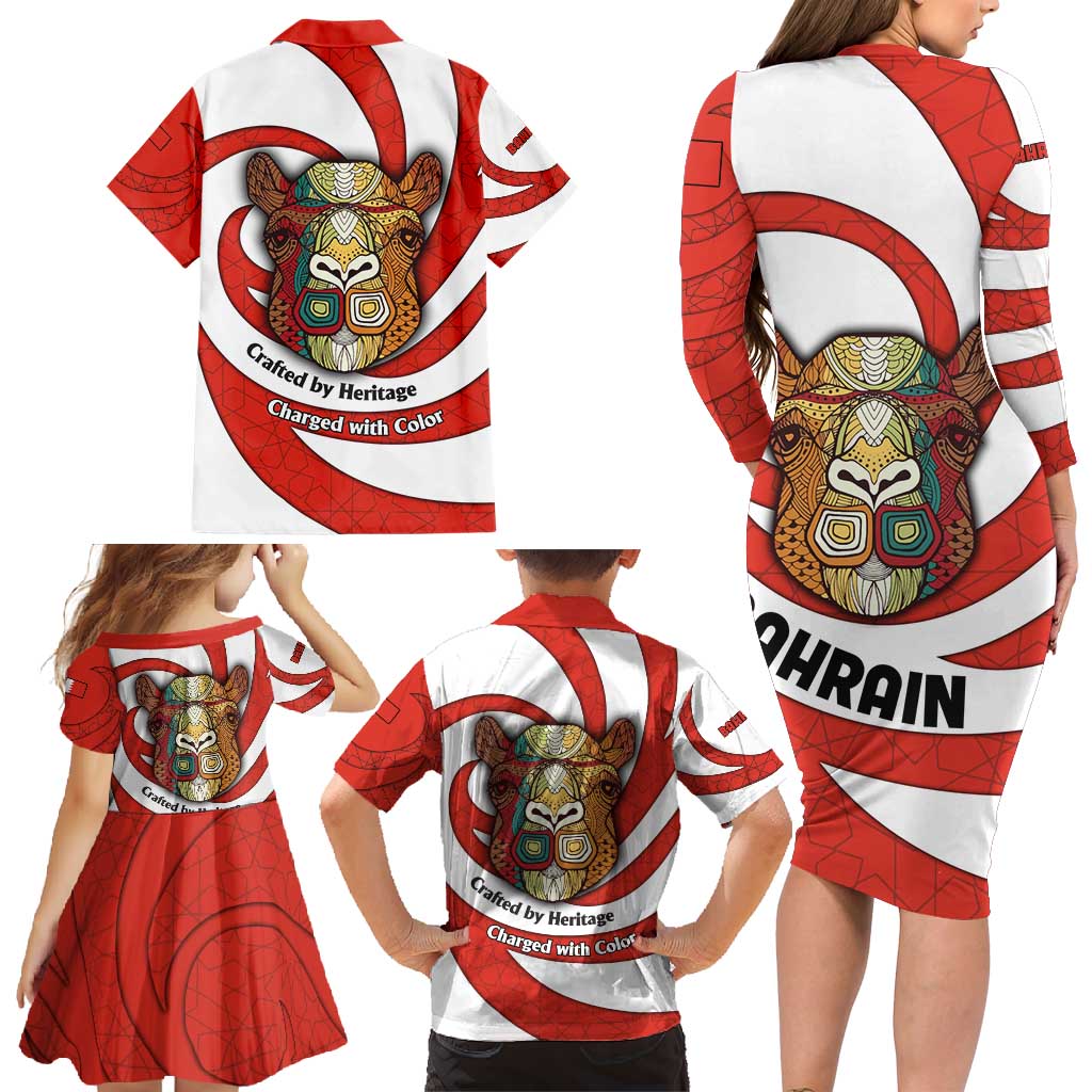 Bahrain Tribal Camel Family Matching Long Sleeve Bodycon Dress and Hawaiian Shirt with Red Mosaic Swirl and Heritage Slogan