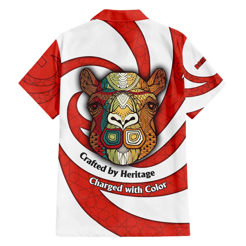 Bahrain Tribal Camel Family Matching Long Sleeve Bodycon Dress and Hawaiian Shirt with Red Mosaic Swirl and Heritage Slogan