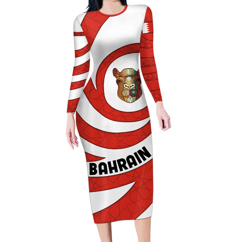 Bahrain Tribal Camel Family Matching Long Sleeve Bodycon Dress and Hawaiian Shirt with Red Mosaic Swirl and Heritage Slogan