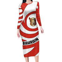 Bahrain Tribal Camel Family Matching Long Sleeve Bodycon Dress and Hawaiian Shirt with Red Mosaic Swirl and Heritage Slogan