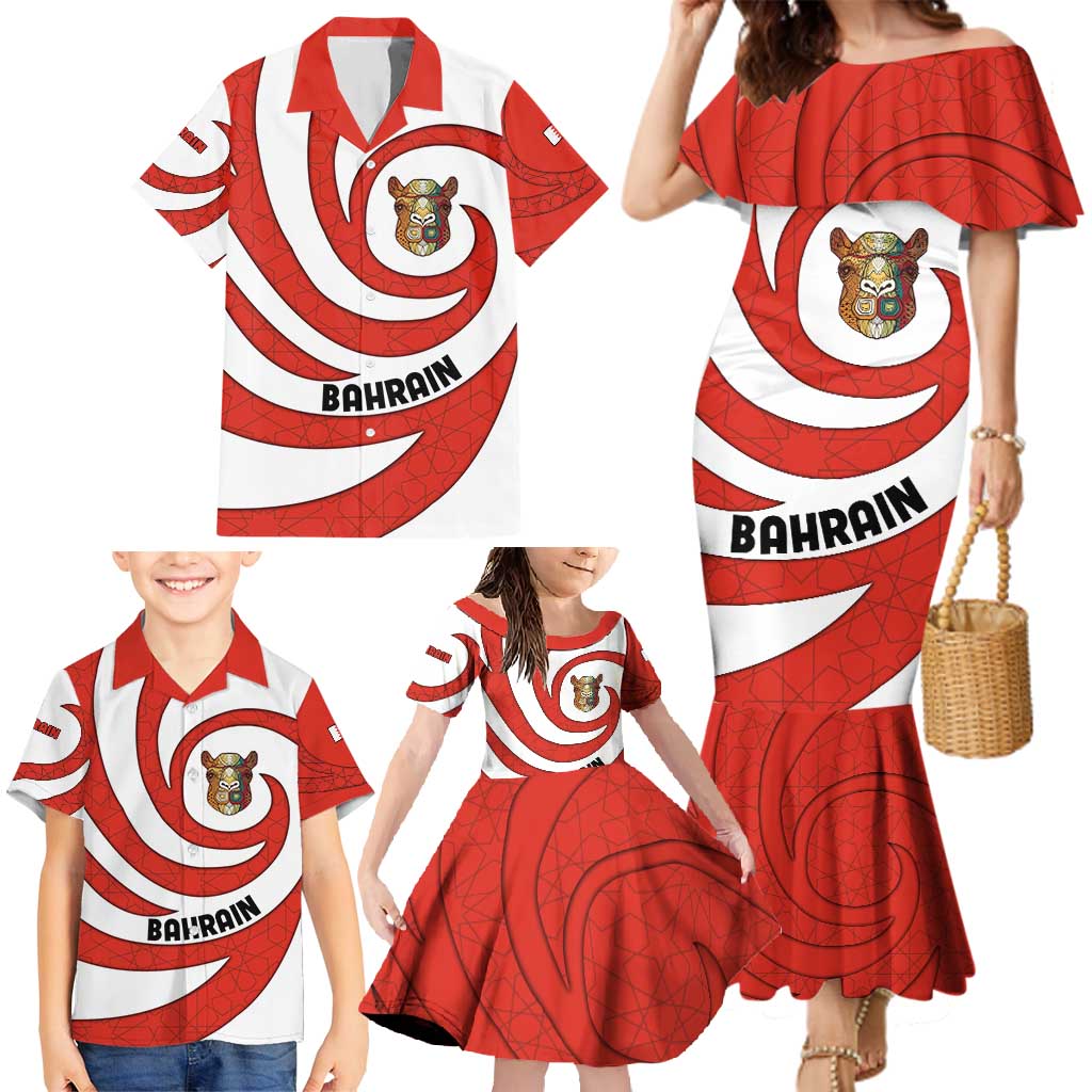 Bahrain Tribal Camel Family Matching Mermaid Dress and Hawaiian Shirt with Red Mosaic Swirl and Heritage Slogan