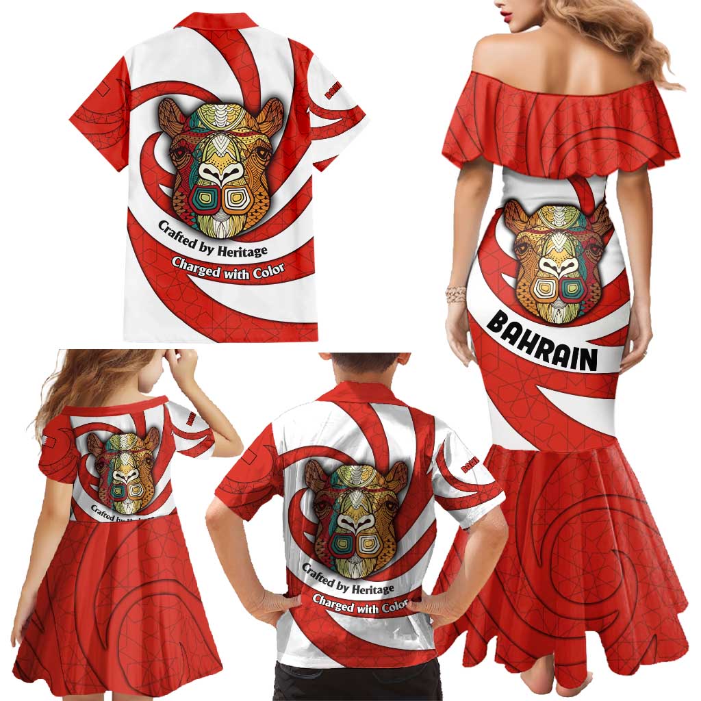 Bahrain Tribal Camel Family Matching Mermaid Dress and Hawaiian Shirt with Red Mosaic Swirl and Heritage Slogan