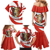 Bahrain Tribal Camel Family Matching Mermaid Dress and Hawaiian Shirt with Red Mosaic Swirl and Heritage Slogan