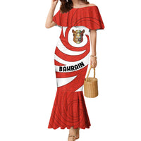 Bahrain Tribal Camel Family Matching Mermaid Dress and Hawaiian Shirt with Red Mosaic Swirl and Heritage Slogan