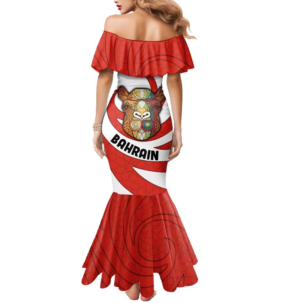 Bahrain Tribal Camel Family Matching Mermaid Dress and Hawaiian Shirt with Red Mosaic Swirl and Heritage Slogan