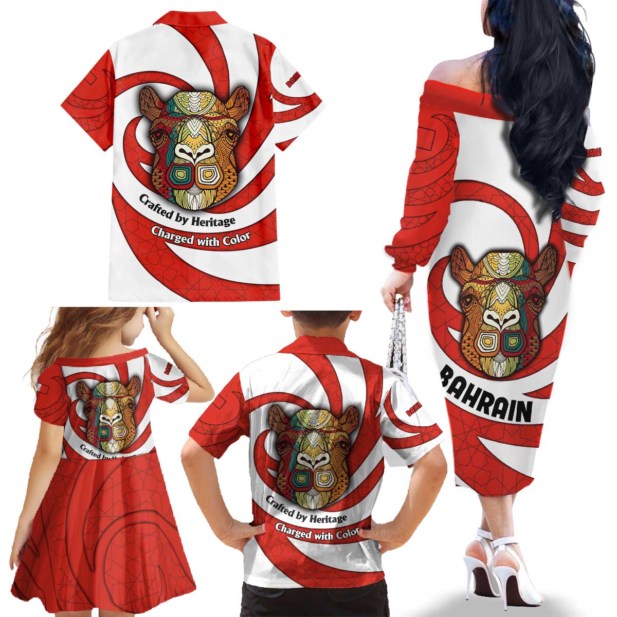 Bahrain Tribal Camel Family Matching Off The Shoulder Long Sleeve Dress and Hawaiian Shirt with Red Mosaic Swirl and Heritage Slogan