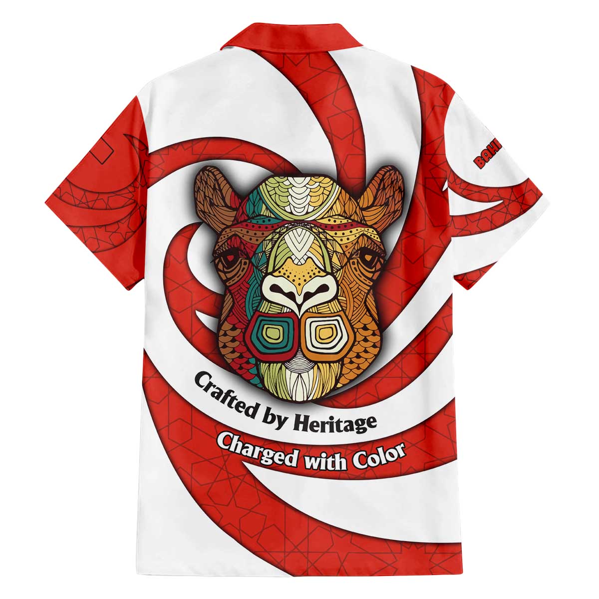 Bahrain Tribal Camel Family Matching Off The Shoulder Long Sleeve Dress and Hawaiian Shirt with Red Mosaic Swirl and Heritage Slogan