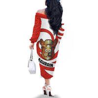 Bahrain Tribal Camel Family Matching Off The Shoulder Long Sleeve Dress and Hawaiian Shirt with Red Mosaic Swirl and Heritage Slogan