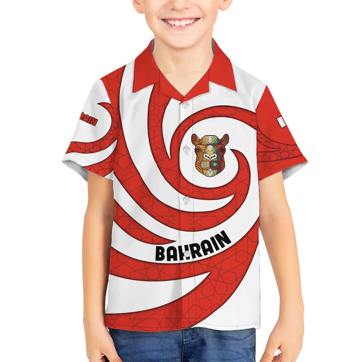 Bahrain Tribal Camel Family Matching Off The Shoulder Long Sleeve Dress and Hawaiian Shirt with Red Mosaic Swirl and Heritage Slogan