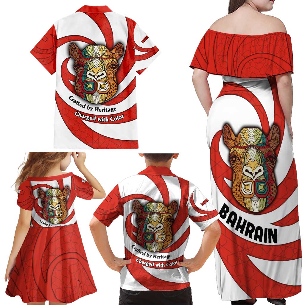 Bahrain Tribal Camel Family Matching Off Shoulder Maxi Dress and Hawaiian Shirt with Red Mosaic Swirl and Heritage Slogan