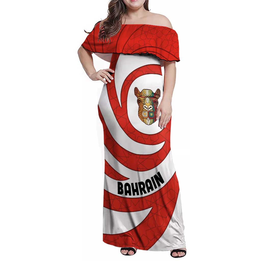 Bahrain Tribal Camel Family Matching Off Shoulder Maxi Dress and Hawaiian Shirt with Red Mosaic Swirl and Heritage Slogan