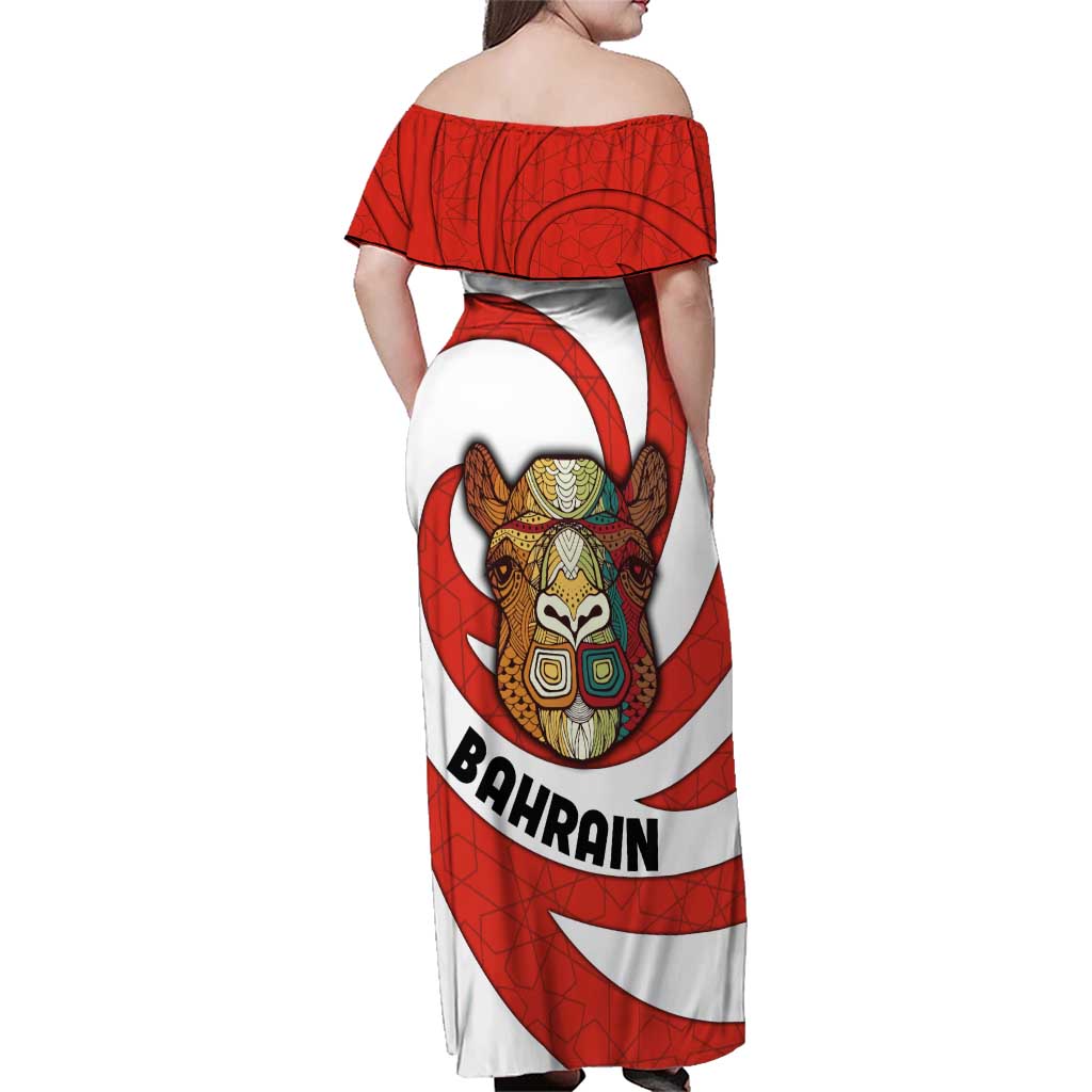 Bahrain Tribal Camel Family Matching Off Shoulder Maxi Dress and Hawaiian Shirt with Red Mosaic Swirl and Heritage Slogan