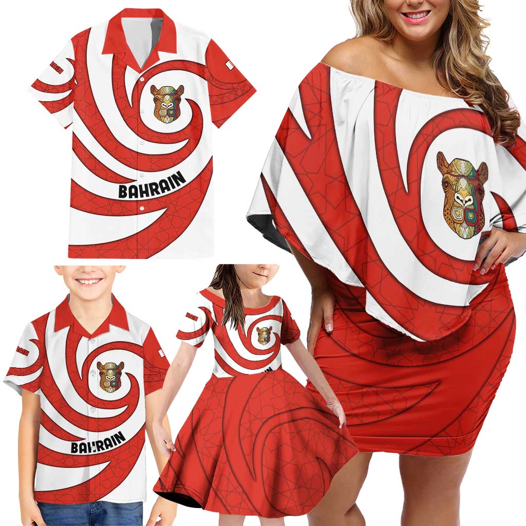Bahrain Tribal Camel Family Matching Off Shoulder Short Dress and Hawaiian Shirt with Red Mosaic Swirl and Heritage Slogan