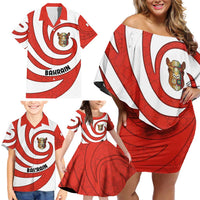 Bahrain Tribal Camel Family Matching Off Shoulder Short Dress and Hawaiian Shirt with Red Mosaic Swirl and Heritage Slogan