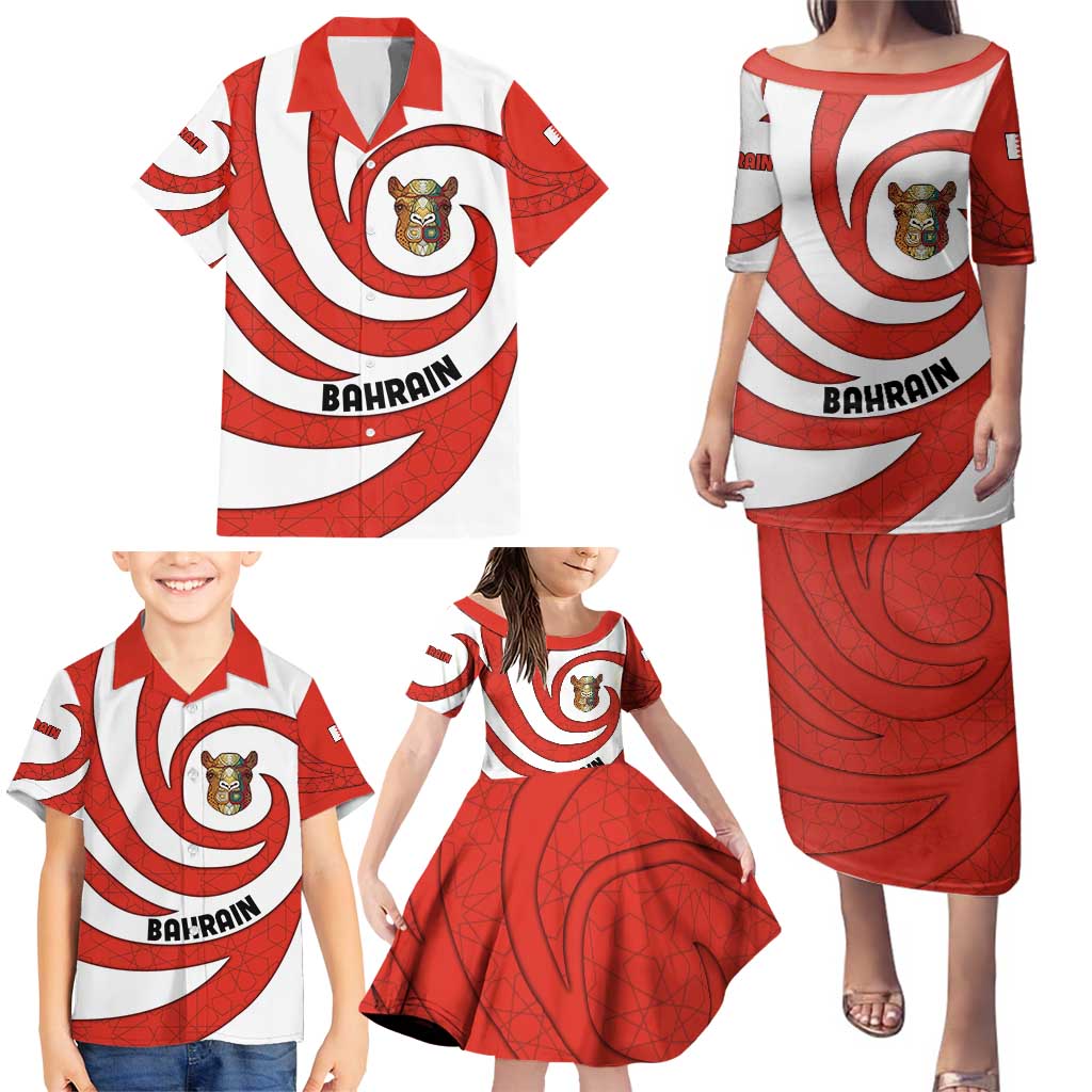 Bahrain Tribal Camel Family Matching Puletasi and Hawaiian Shirt with Red Mosaic Swirl and Heritage Slogan