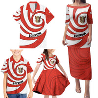 Bahrain Tribal Camel Family Matching Puletasi and Hawaiian Shirt with Red Mosaic Swirl and Heritage Slogan