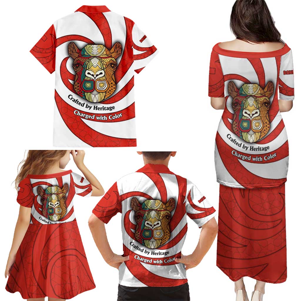 Bahrain Tribal Camel Family Matching Puletasi and Hawaiian Shirt with Red Mosaic Swirl and Heritage Slogan