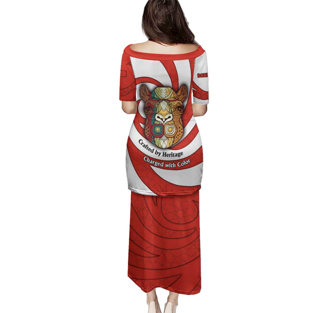 Bahrain Tribal Camel Family Matching Puletasi and Hawaiian Shirt with Red Mosaic Swirl and Heritage Slogan