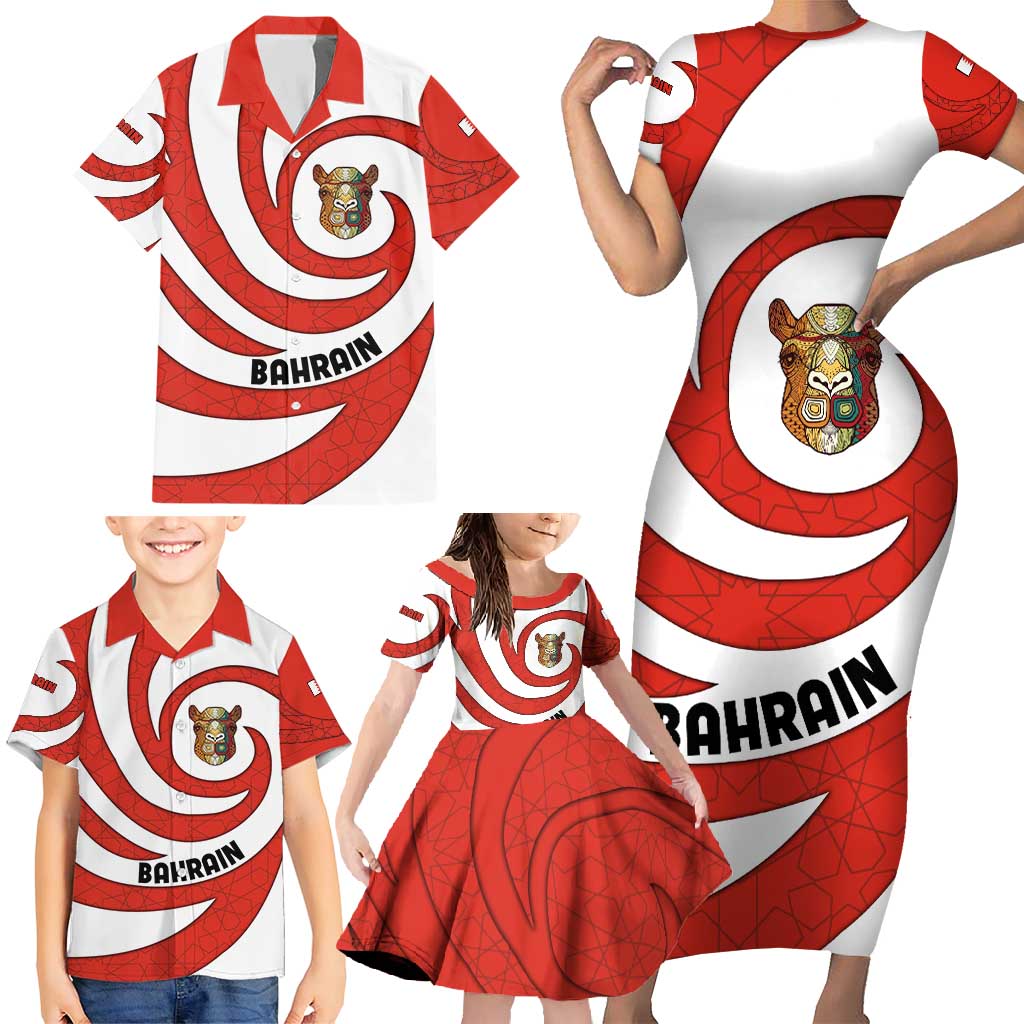 Bahrain Tribal Camel Family Matching Short Sleeve Bodycon Dress and Hawaiian Shirt with Red Mosaic Swirl and Heritage Slogan